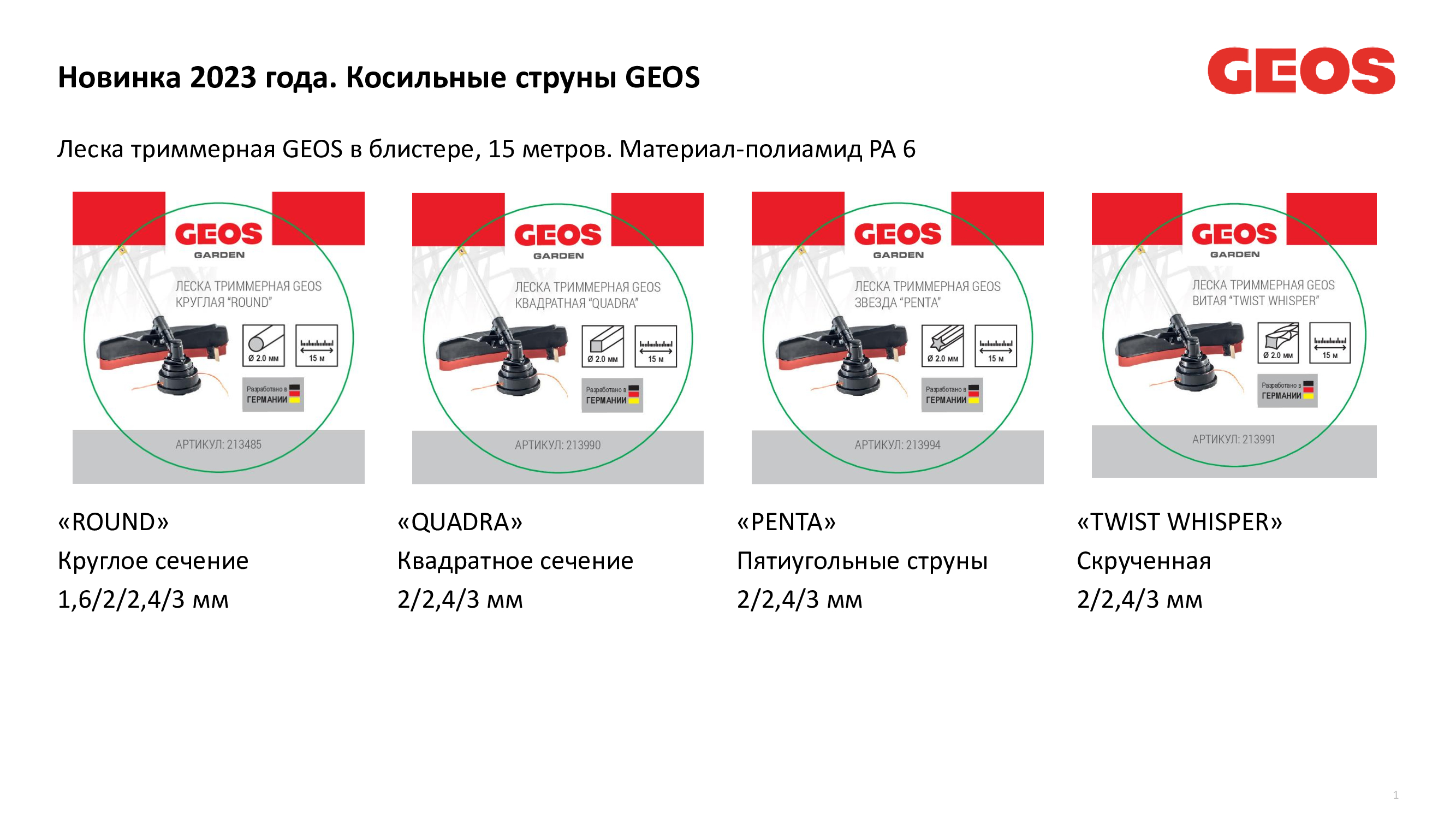 Леска триммерная GEOS звезда "Penta", 2.4мм, 15м, в блистере
